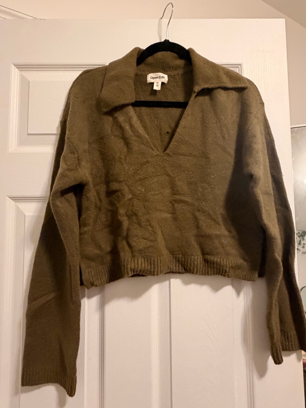 Open edit Olive Green Cropped Collared Sweater